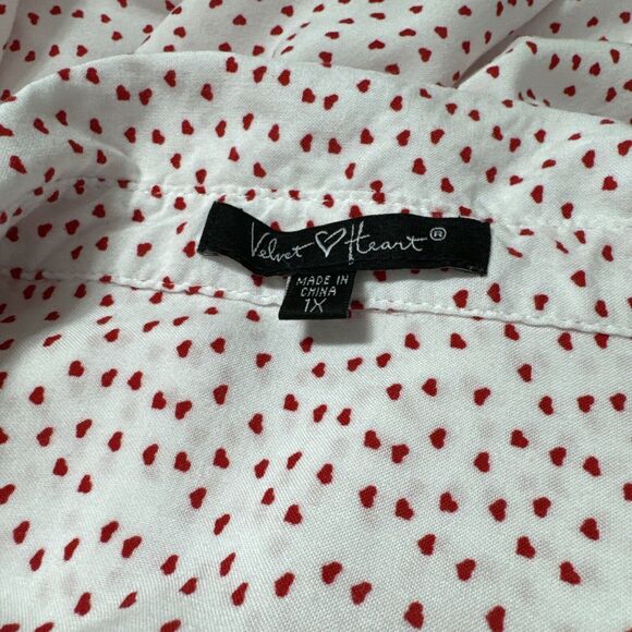 Heart print Button Collared Shirt Women's Size XL White Red Long Sleeve - Picture 13 of 14